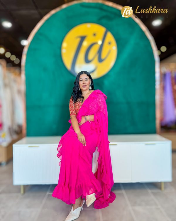 Lushkara Vibrant Red Ruffled Saree - Image 2