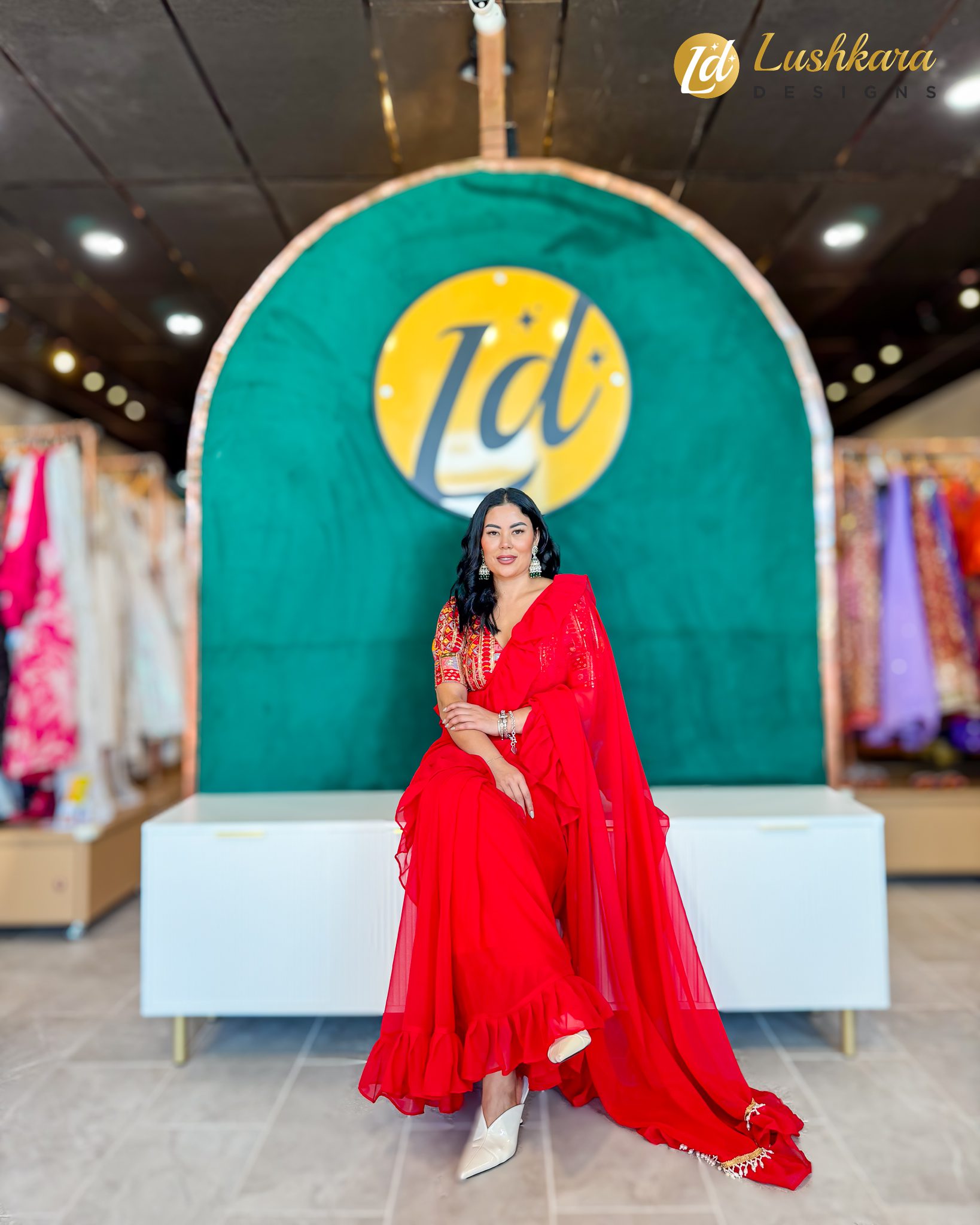 Lushkara Vibrant Red Ruffled Saree