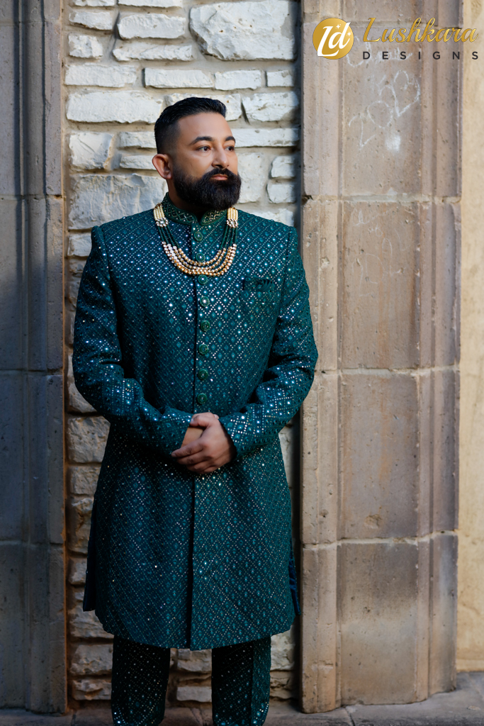 Lushkara Emerald Green Mirror Work Sherwani