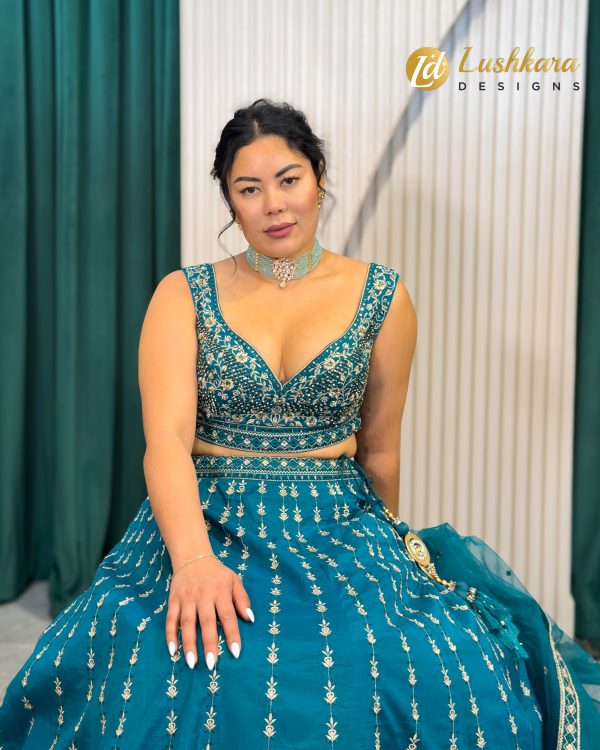 Lushkara Royal Teal Embroidered Lehenga - Image 3