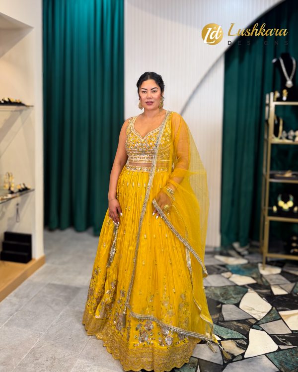 Lushkara Sunshine Yellow Mirror Work Lehenga