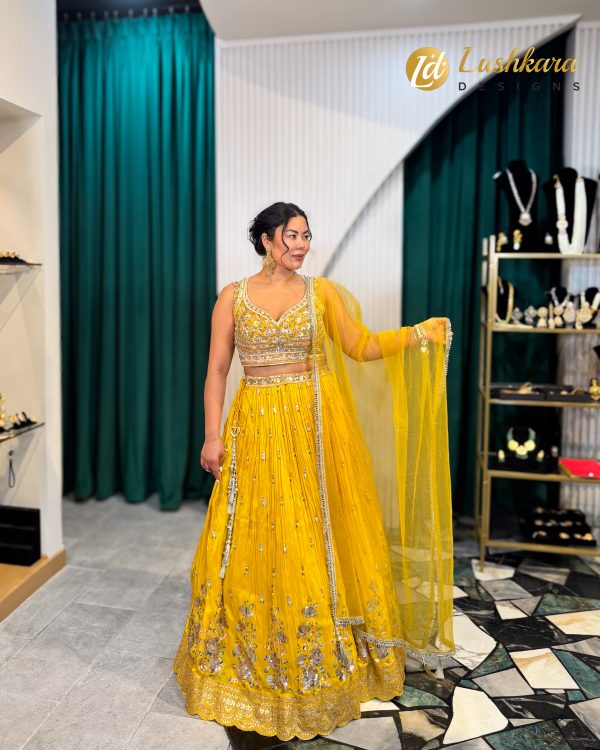 Lushkara Sunshine Yellow Mirror Work Lehenga - Image 3