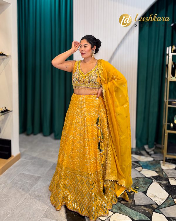 Lushkara Sunshine Yellow Mirror Work Lehenga - Image 4