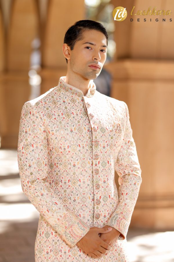 Lushkara Pastel Heritage Sherwani with Floral Embroidery