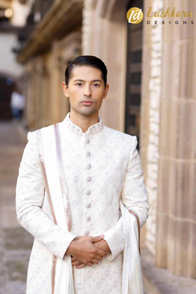 Lushkara White Majestic Sherwani with Handcrafted Embroidery & Pearl Accents