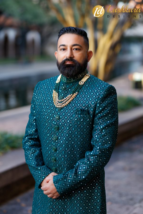 Lushkara Emerald Majesty Sherwani with Luxe Embellishments