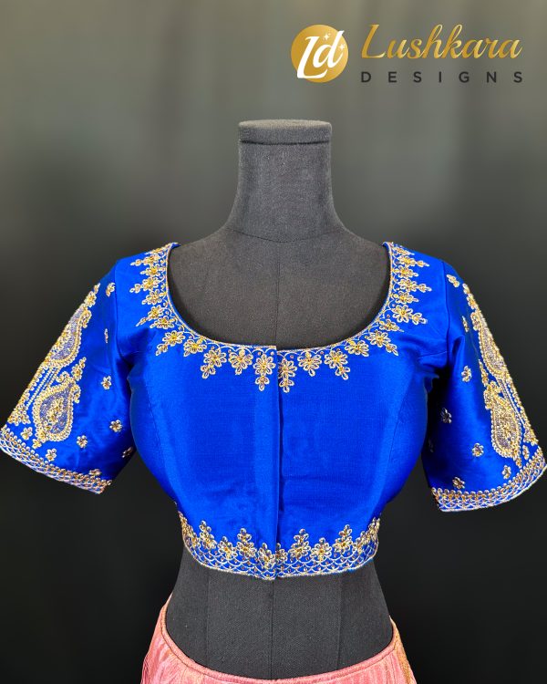 Lushkara Royal Blue Silk Blouse with Intricate Gold Embroidery