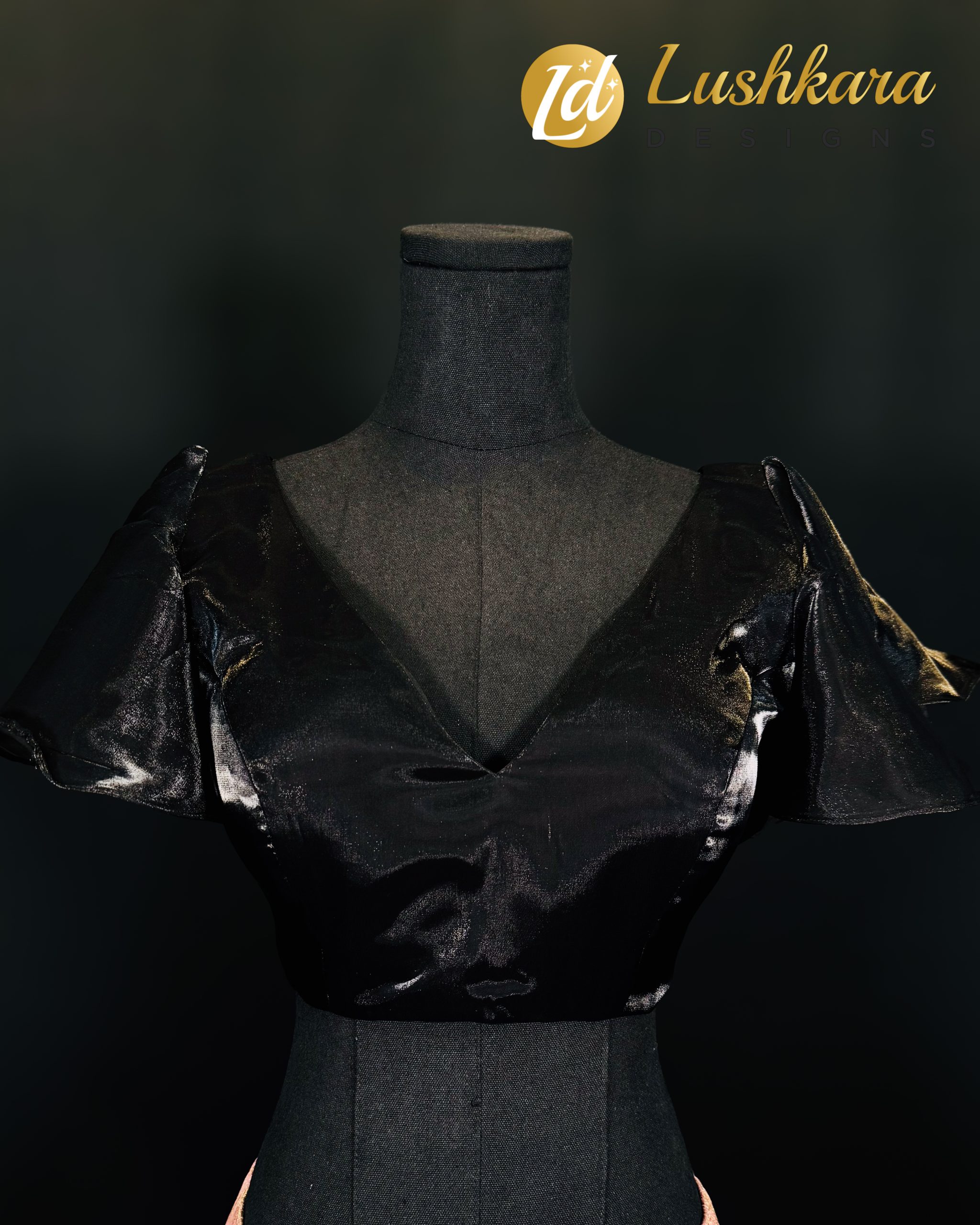 Luskara Sleek Black Satin Blouse with Flared Sleeves