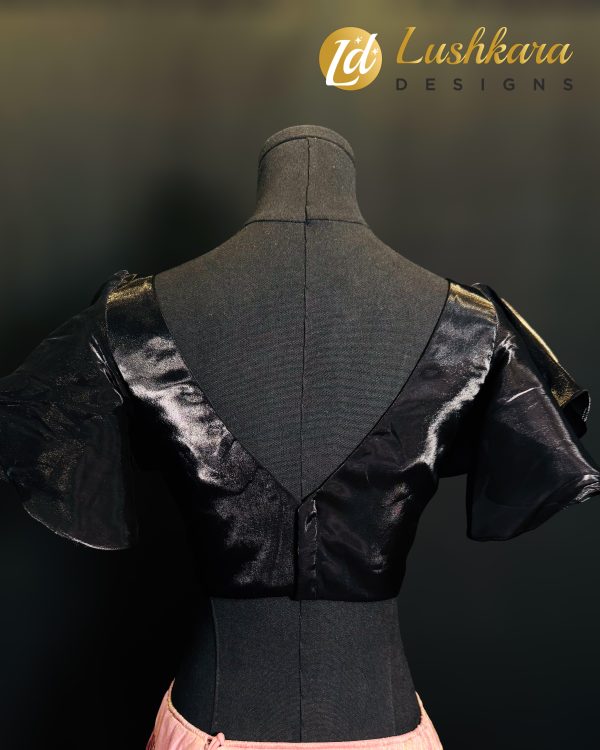 Luskara Sleek Black Satin Blouse with Flared Sleeves - Image 2