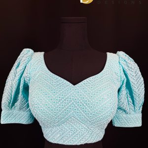 Sky Blue Puff Sleeve Blouse with Chevron Embroidery