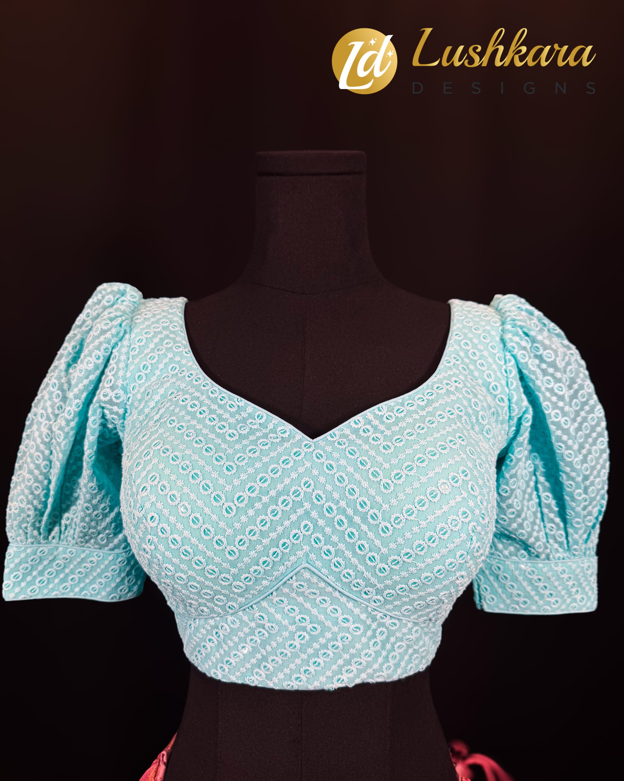 Sky Blue Puff Sleeve Blouse with Chevron Embroidery