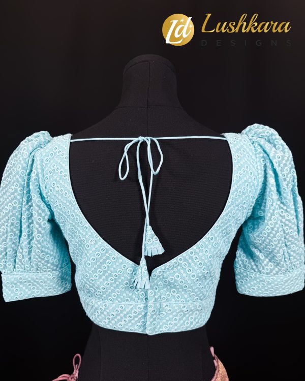 Sky Blue Puff Sleeve Blouse with Chevron Embroidery - Image 2