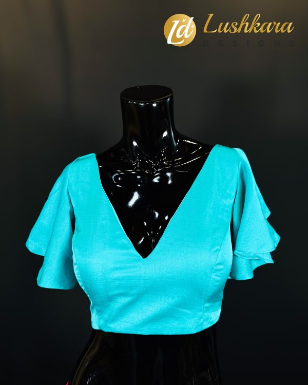 Lushkara Aqua Blue Deep V-Neck Blouse with Flared Sleeves