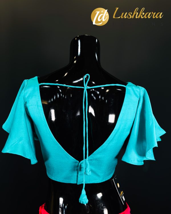 Lushkara Aqua Blue Deep V-Neck Blouse with Flared Sleeves - Image 2