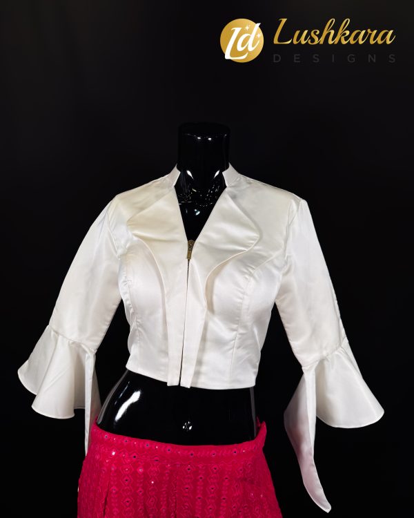 Lushkara Ivory Satin Blouse with Flared Sleeves and Zip Detail