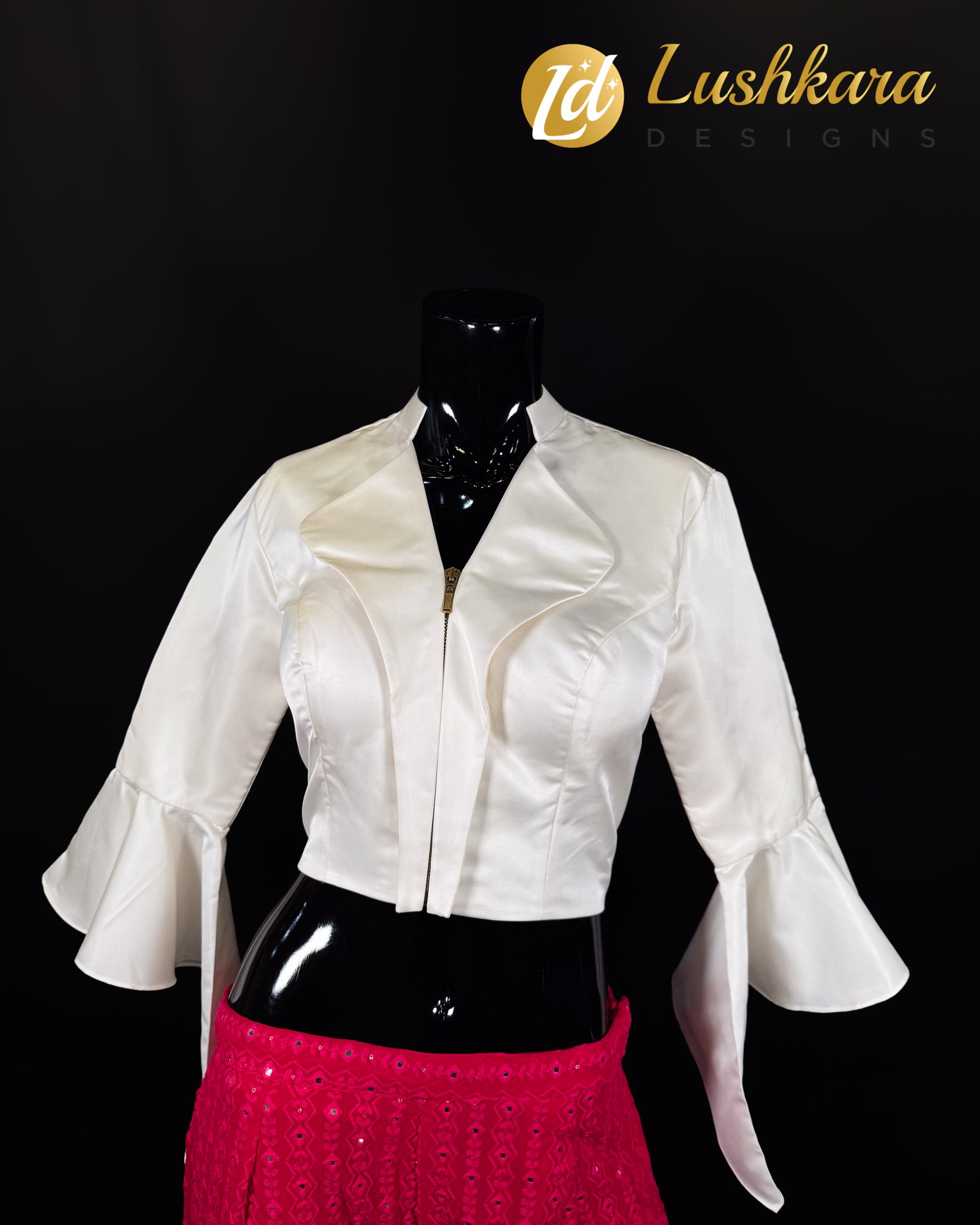 Lushkara Ivory Satin Blouse with Flared Sleeves and Zip Detail