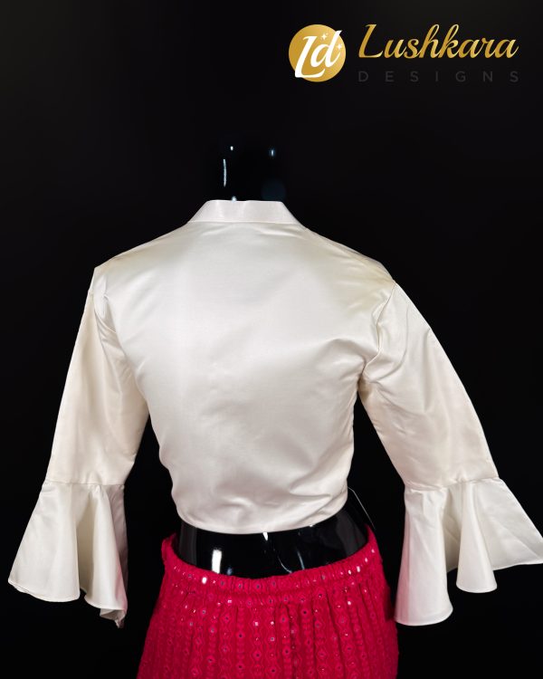 Lushkara Ivory Satin Blouse with Flared Sleeves and Zip Detail - Image 2
