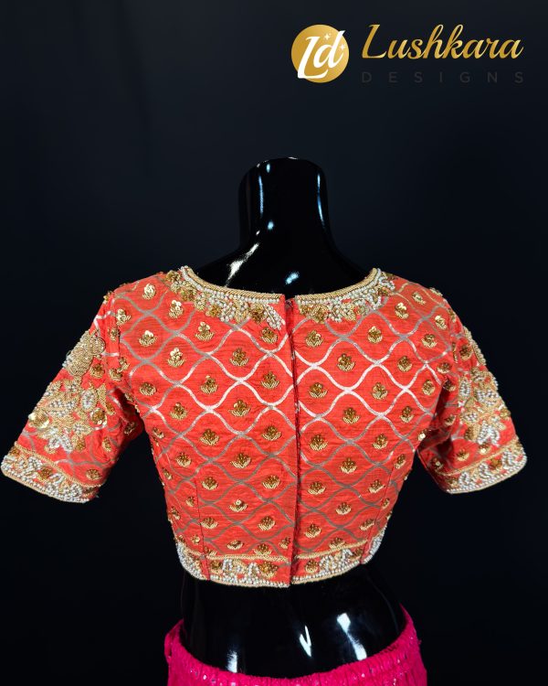 Lushkara Vibrant Orange Blouse with Gold Embroidery and Bead Detailing - Image 2