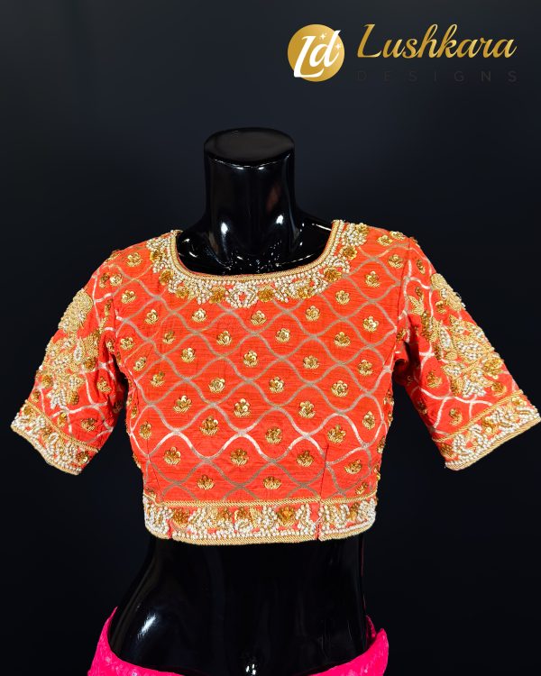 Lushkara Vibrant Orange Blouse with Gold Embroidery and Bead Detailing