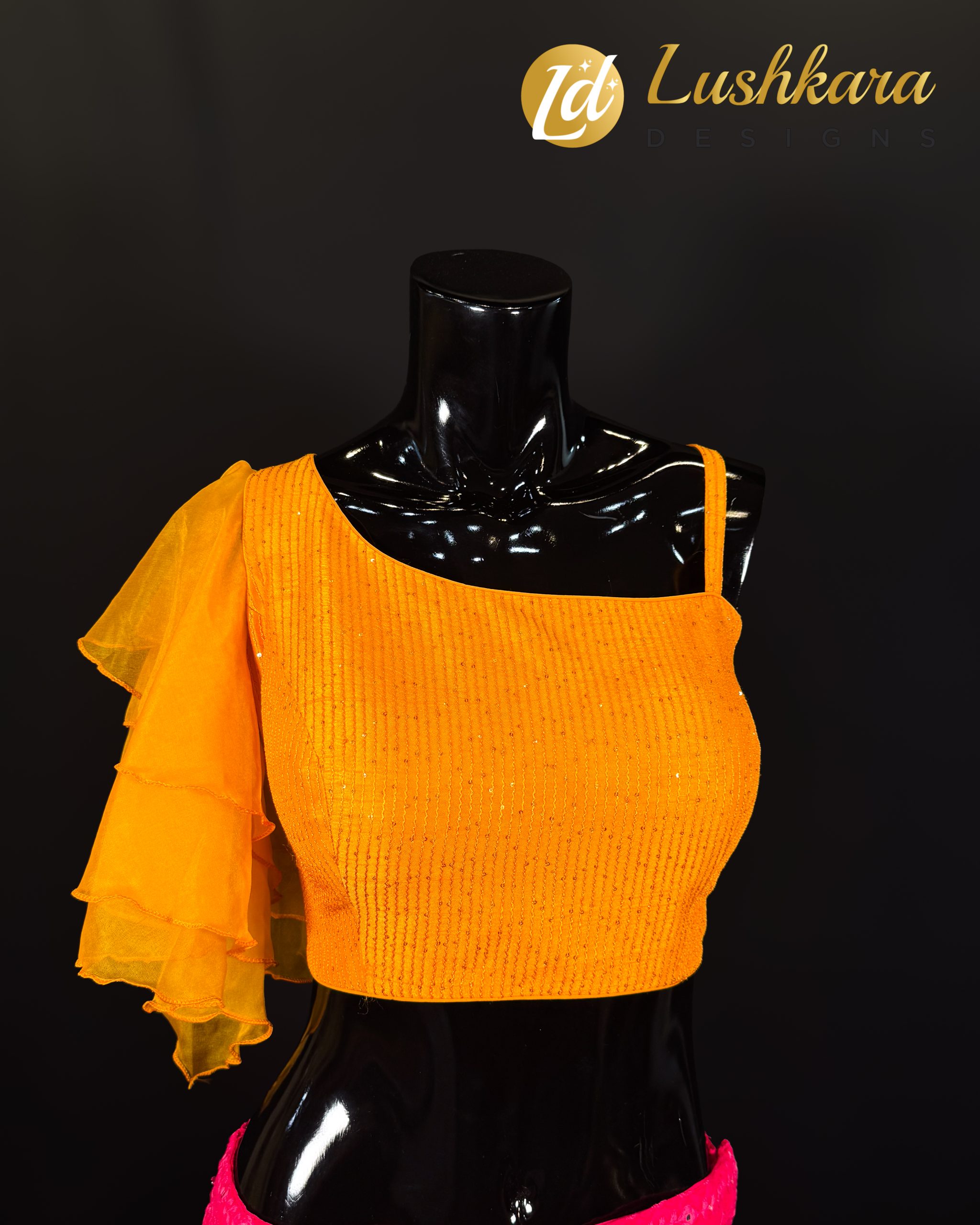 Lushkara Tangerine One-Shoulder Blouse with Ruffled Sleeve