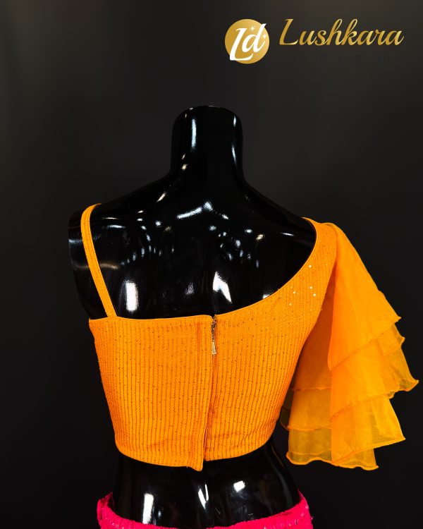 Lushkara Tangerine One-Shoulder Blouse with Ruffled Sleeve - Image 2