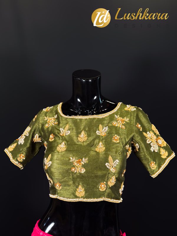 Lushkara Olive Green Embroidered Blouse with Gold Detailing