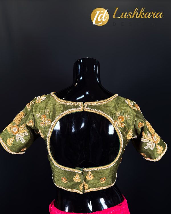 Lushkara Olive Green Embroidered Blouse with Gold Detailing - Image 2