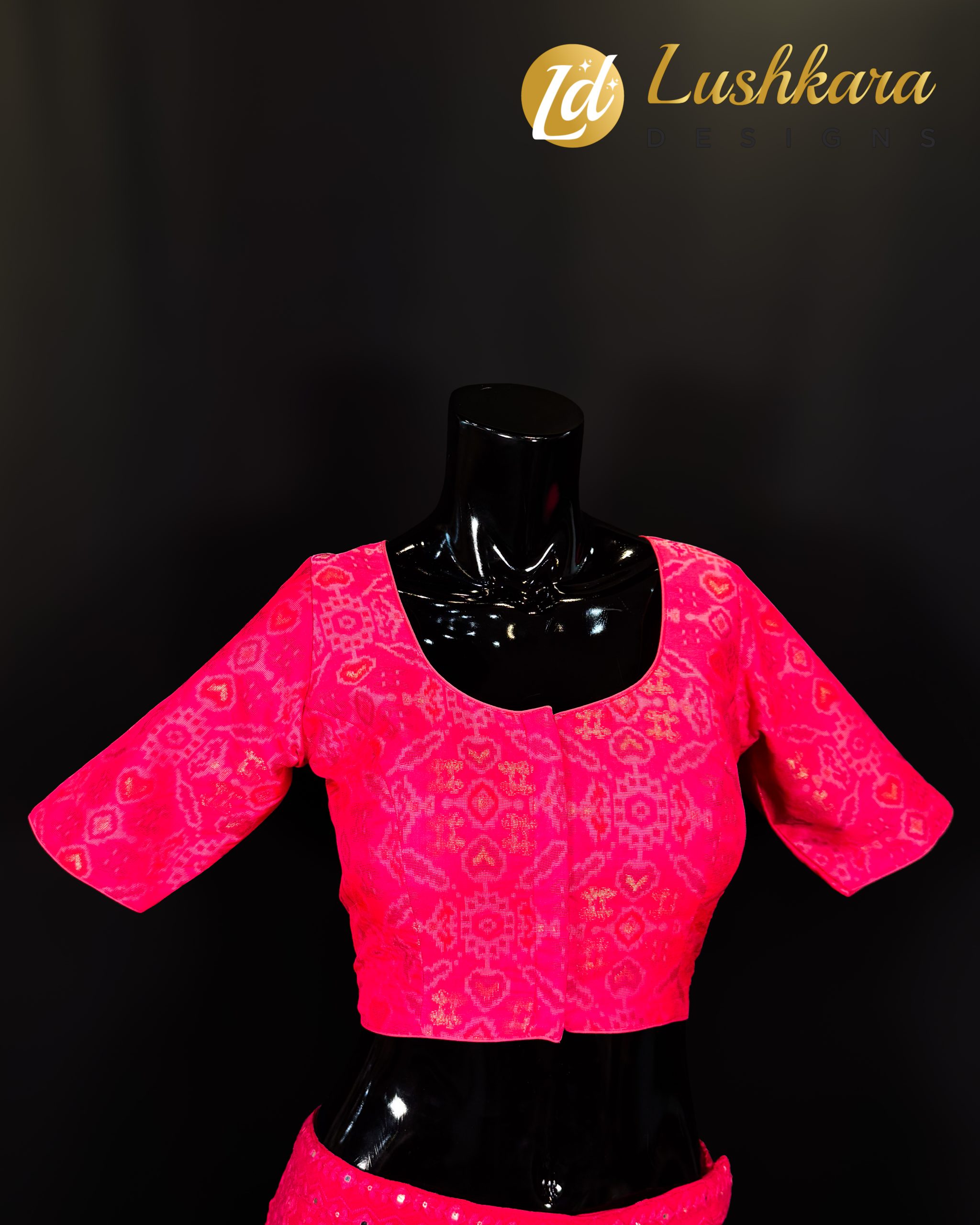 Vibrant Pink Ikat Blouse with Gold Detailing