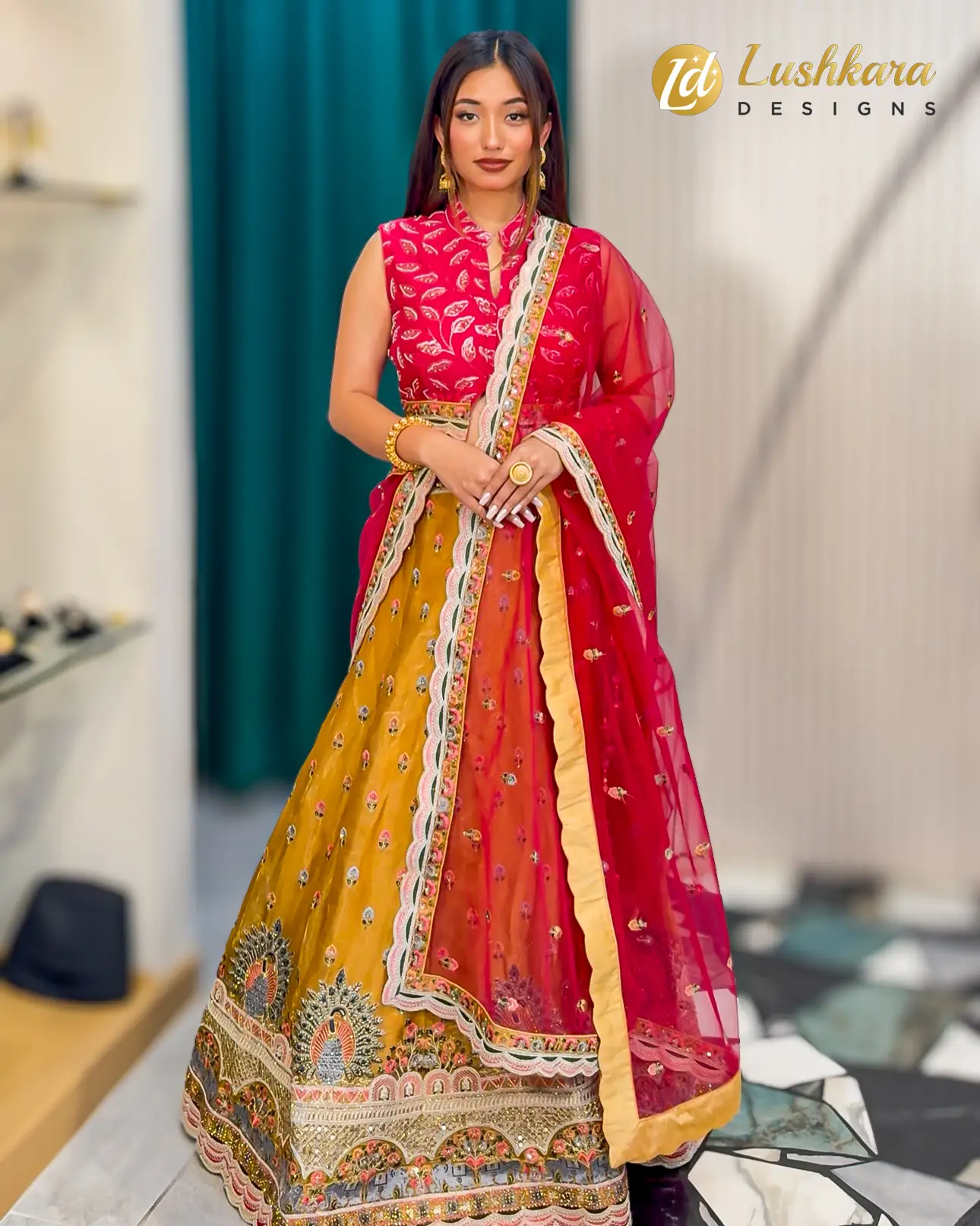 Lushkara Pink and Mustard Yellow Heritage Lehenga Set