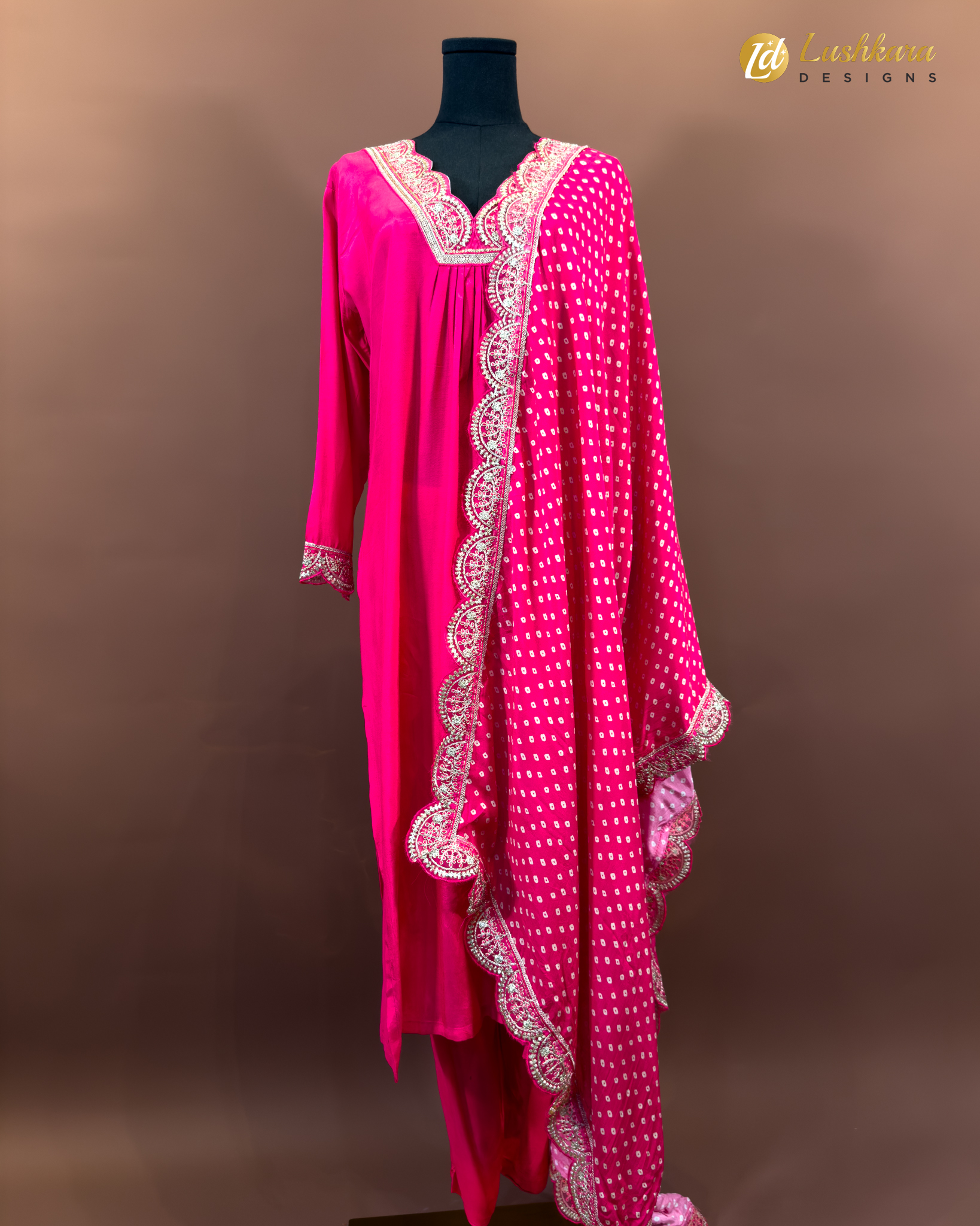 Lushkara Fuchsia Mirror Work Bandhani Suit