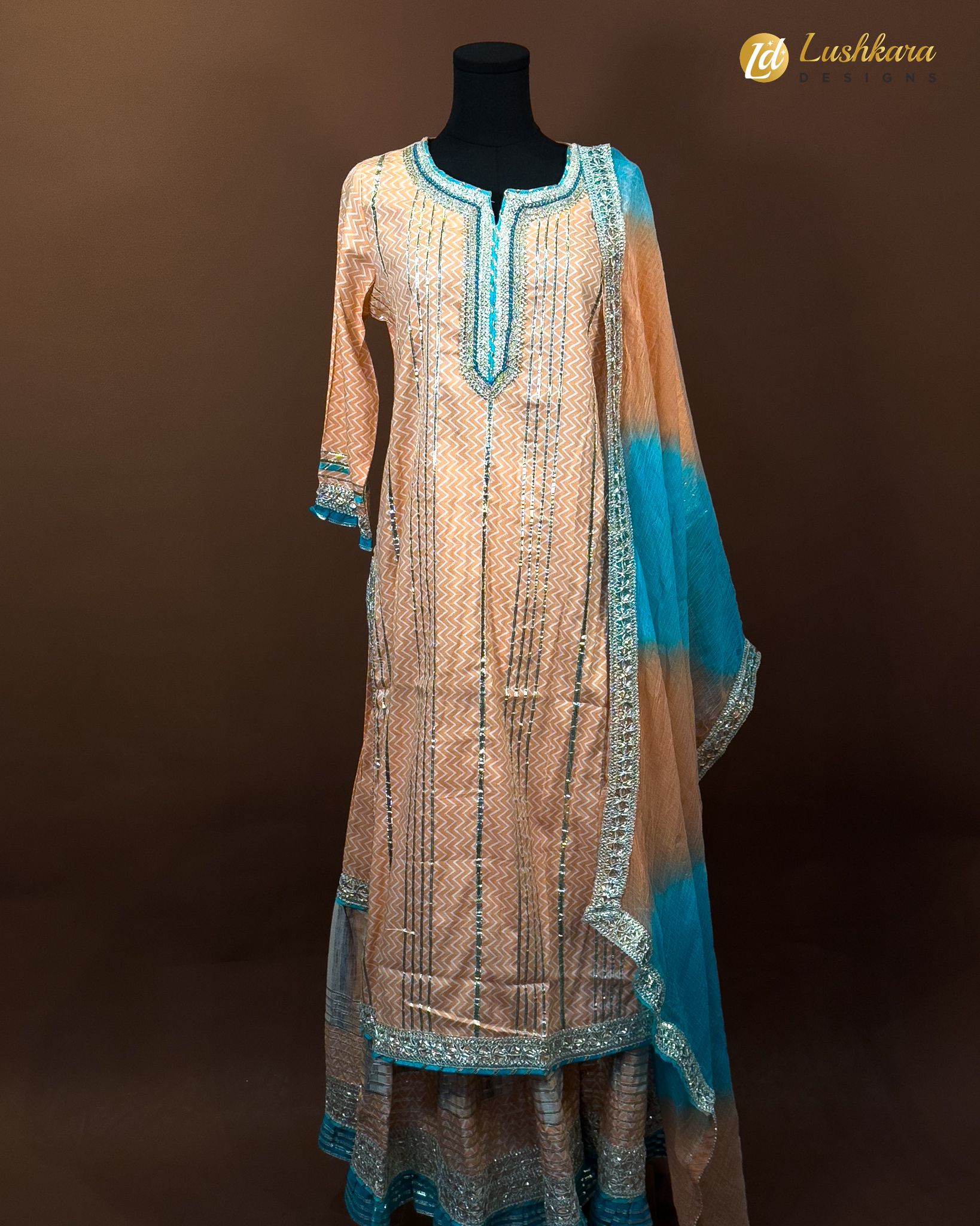 Lushkara Peach & Aqua Embellished Suit Set