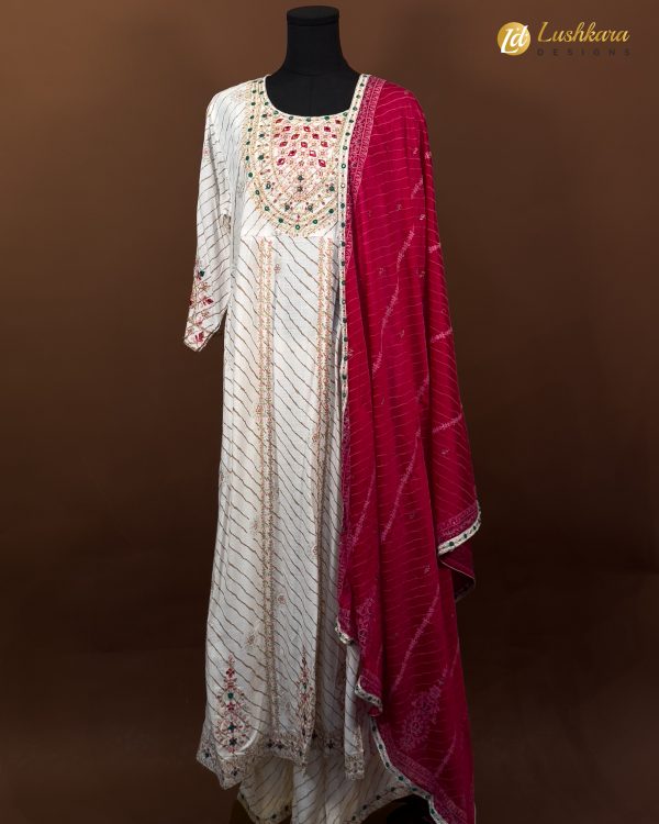 Lushkara Ivory & Rani Pink Mirror Work Suit
