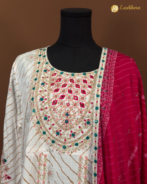 Lushkara Ivory & Rani Pink Mirror Work Suit - Image 2
