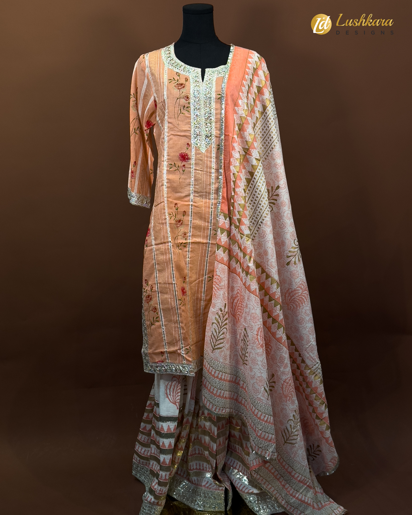 Lushkara Peach and Pink Printed Sharara Suit