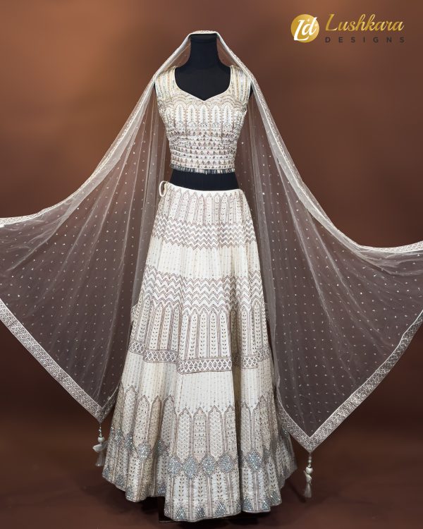 Ivory Shiny-Embroidered Bridal Lehenga - Image 2