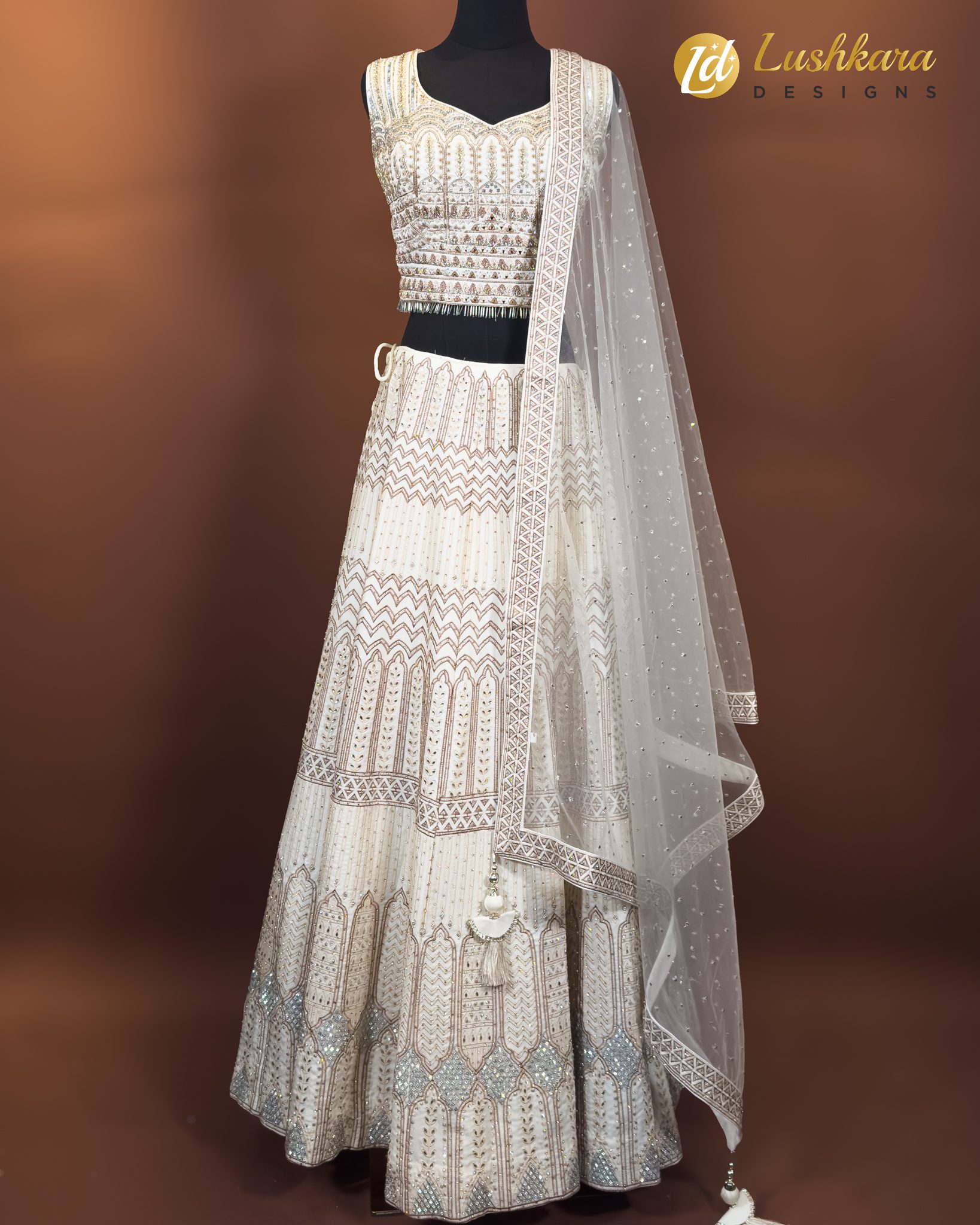 Ivory Shiny-Embroidered Bridal Lehenga