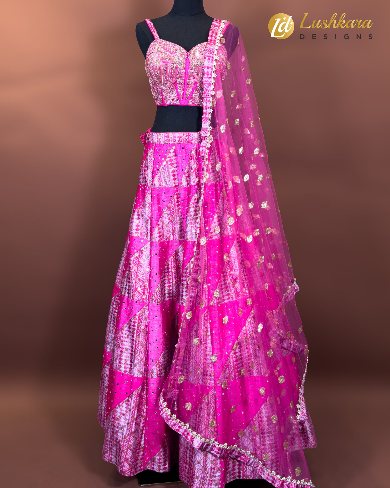 Mirror-Embroidered Geometric Pink Lehenga Set