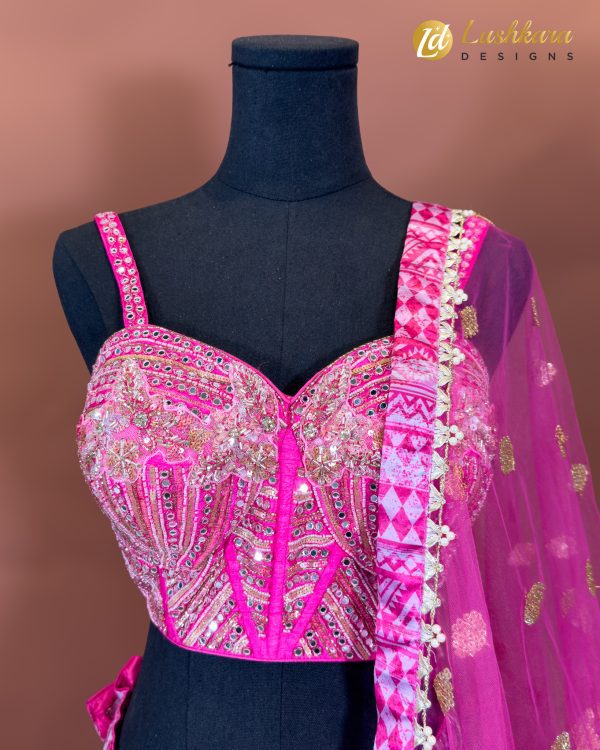 Mirror-Embroidered Geometric Pink Lehenga Set - Image 2