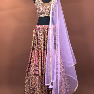 Lavender and Multicolor Velvet Print Lehenga Set