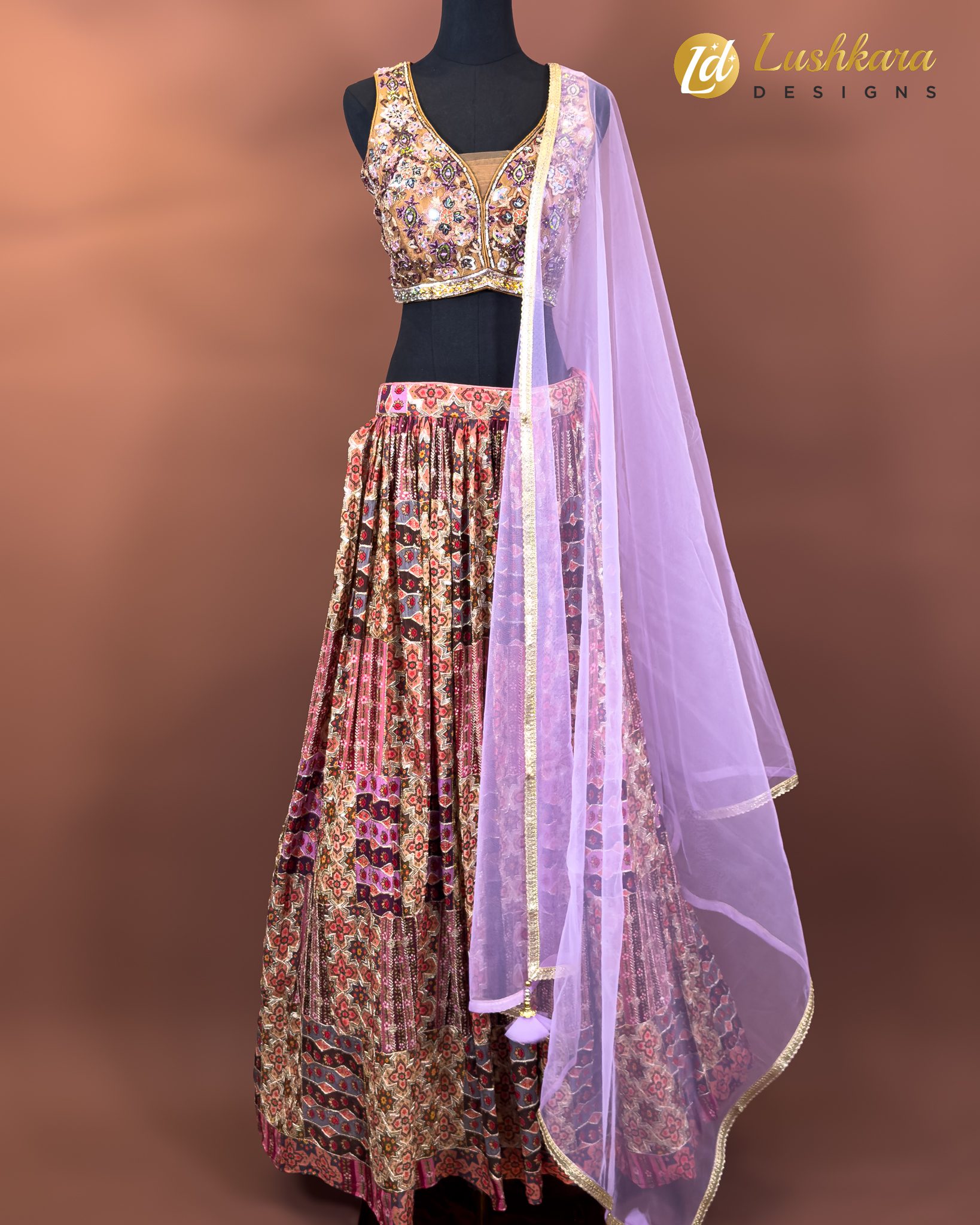 Lavender and Multicolor Velvet Print Lehenga Set