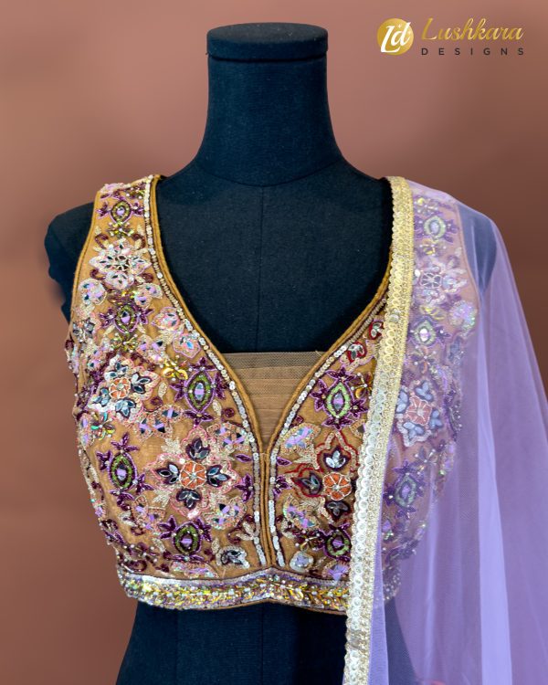 Lavender and Multicolor Velvet Print Lehenga Set - Image 2