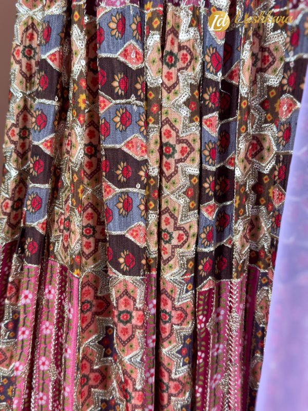 Lavender and Multicolor Velvet Print Lehenga Set - Image 3
