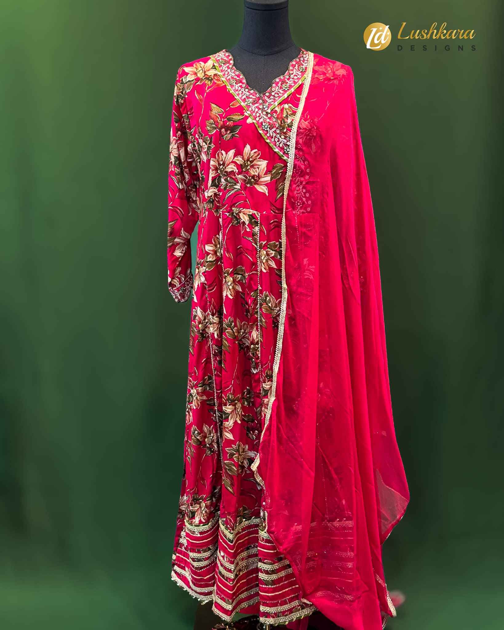 Lushkara Floral Red Gown Suit