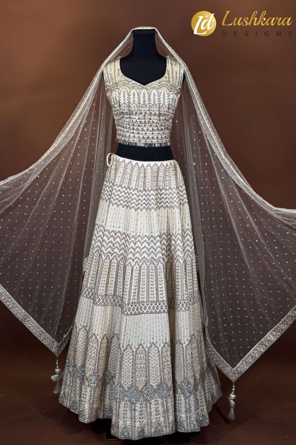 Ivory Shiny-Embroidered Bridal Lehenga - Image 2