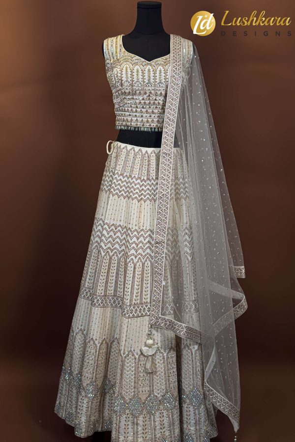 Ivory Shiny-Embroidered Bridal Lehenga