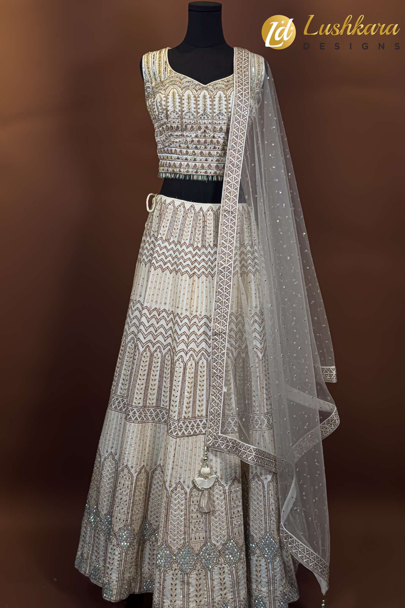 Ivory Shiny-Embroidered Bridal Lehenga