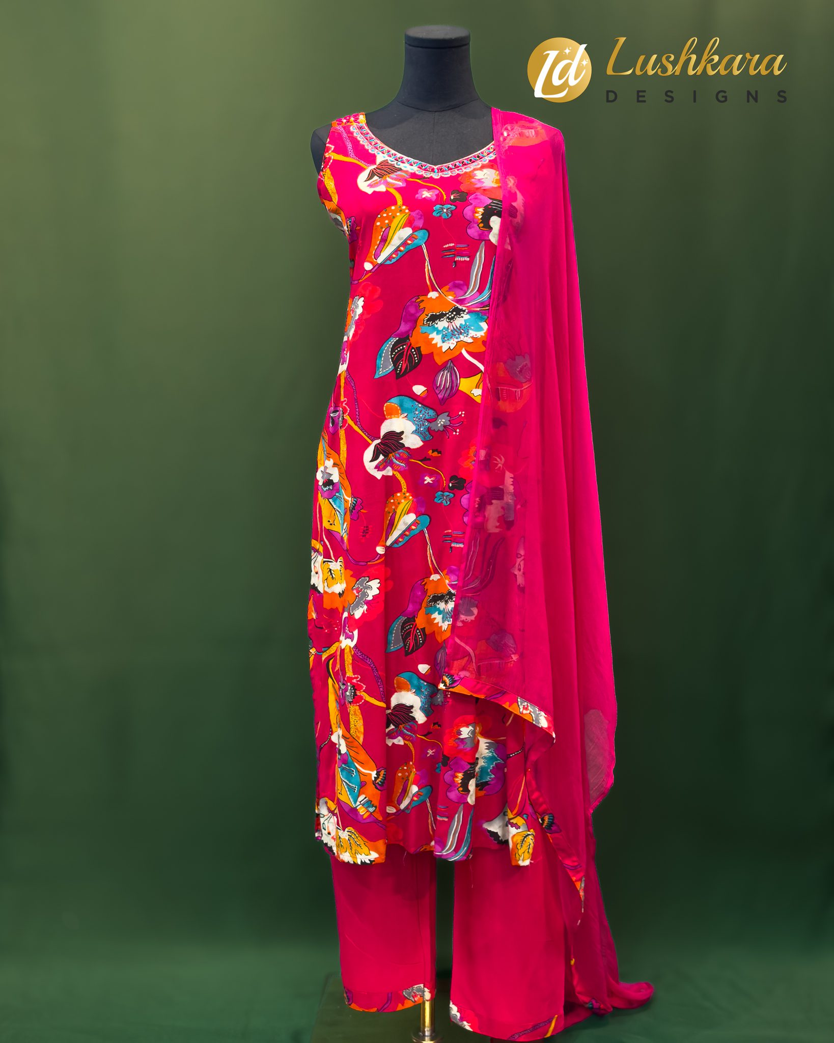 Lushkara Fuchsia Pink Floral Printed Suit Set with Dupatta
