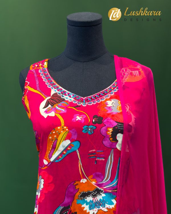 Lushkara Fuchsia Pink Floral Printed Suit Set with Dupatta - Image 2