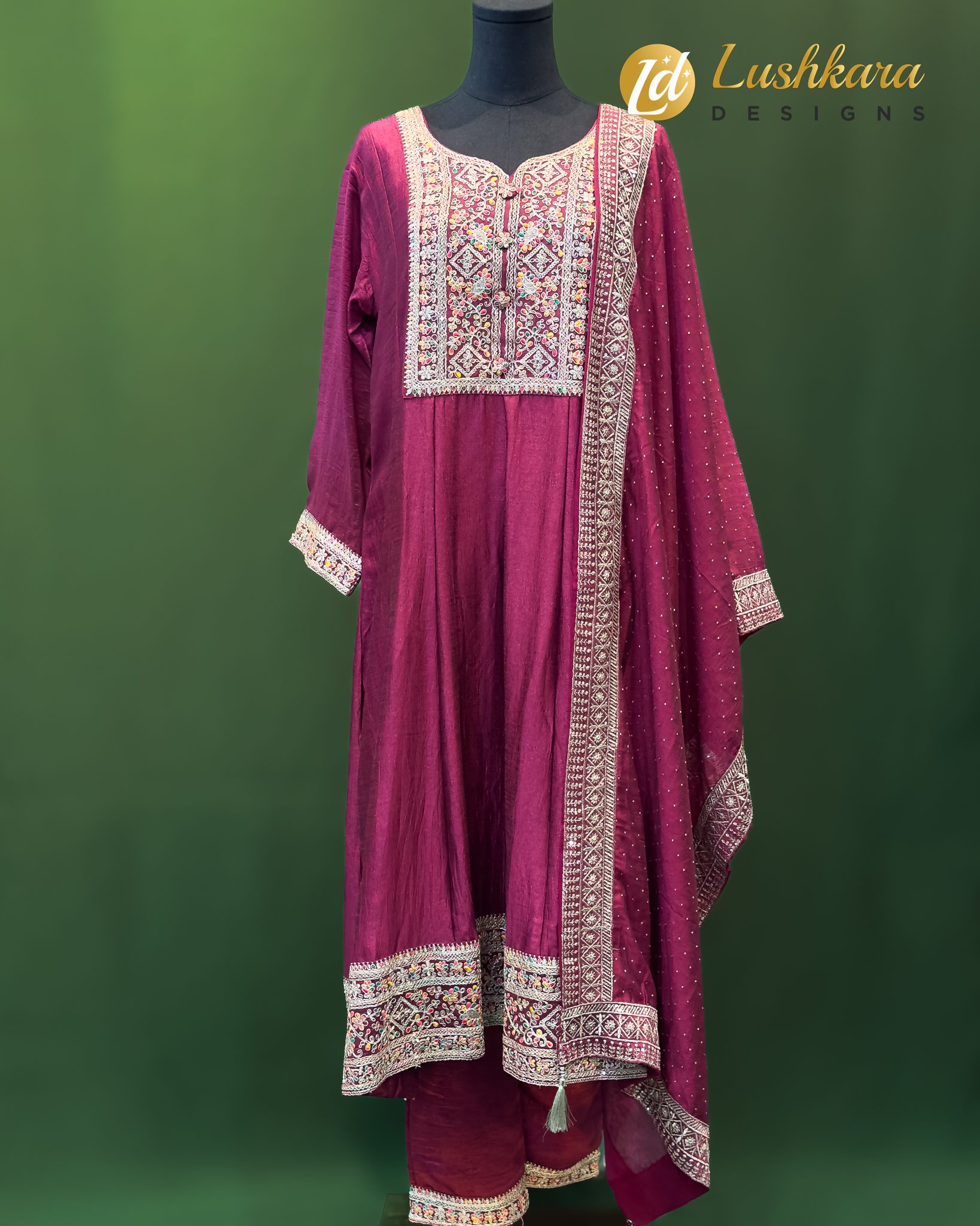 Lushkara Maroon Embroidered Cotton Suit Set with Dupatta