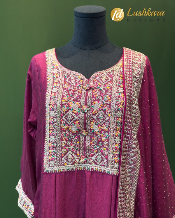 Lushkara Maroon Embroidered Cotton Suit Set with Dupatta - Image 2